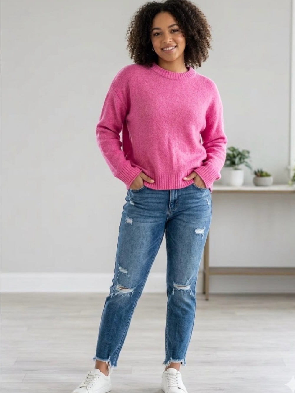 American Eagle Pink Solid Knit Crew Neck Pullover Sweater Long Sleeve Women M